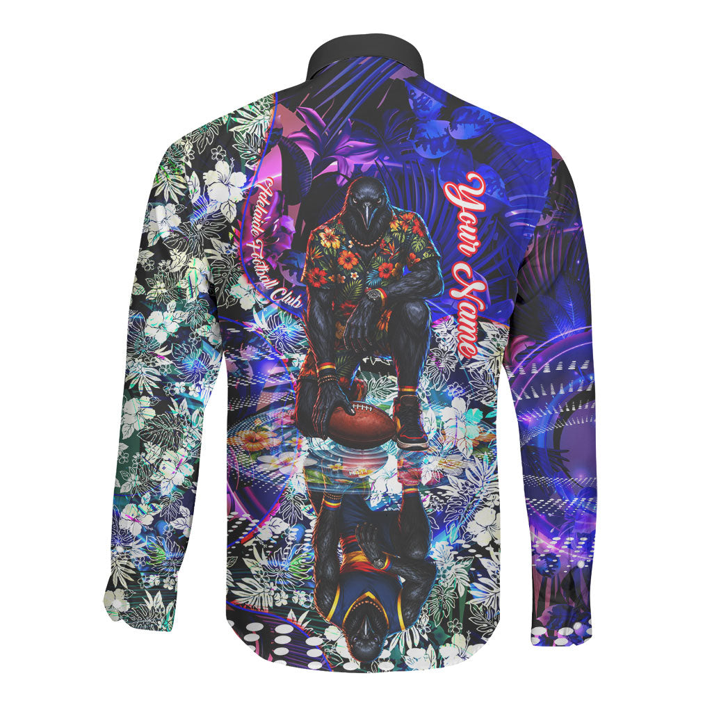Personalized Adelaide Crow Football Long Sleeve Button Shirt Tropical Hibiscus Flowers - Pacific Fusion Style