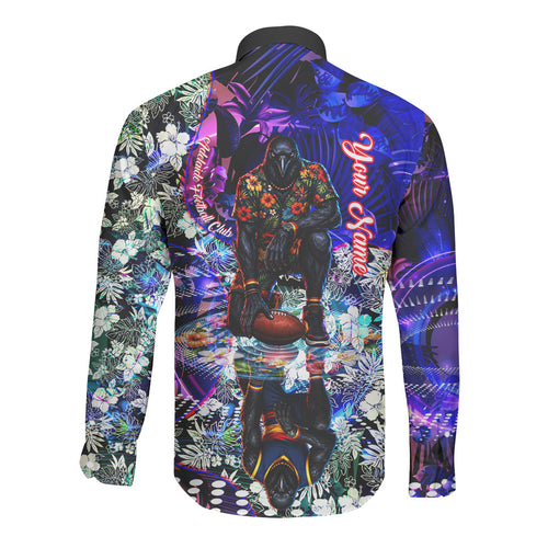 Personalized Adelaide Crow Football Long Sleeve Button Shirt Tropical Hibiscus Flowers - Pacific Fusion Style