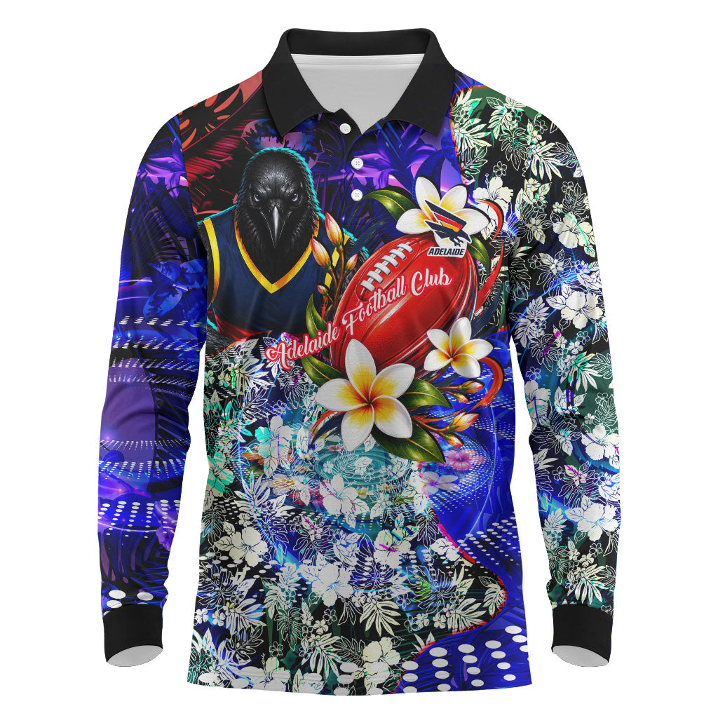 Personalized Adelaide Crow Football Long Sleeve Polo Shirt Tropical Hibiscus Flowers - Pacific Fusion Style