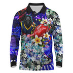 Personalized Adelaide Crow Football Long Sleeve Polo Shirt Tropical Hibiscus Flowers - Pacific Fusion Style