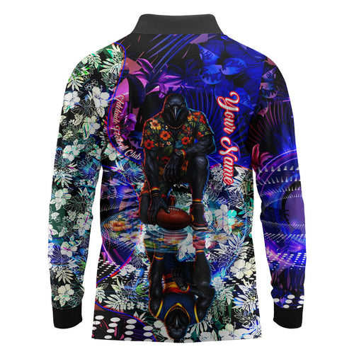 Personalized Adelaide Crow Football Long Sleeve Polo Shirt Tropical Hibiscus Flowers - Pacific Fusion Style