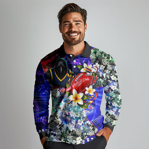 Personalized Adelaide Crow Football Long Sleeve Polo Shirt Tropical Hibiscus Flowers - Pacific Fusion Style
