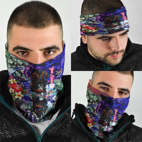 Personalized Adelaide Crow Football Neck Gaiter Tropical Hibiscus Flowers - Pacific Fusion Style