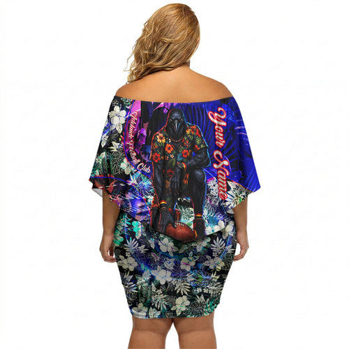 Personalized Adelaide Crow Football Off Shoulder Short Dress Tropical Hibiscus Flowers - Pacific Fusion Style