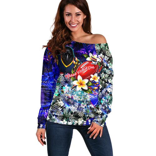Personalized Adelaide Crow Football Off Shoulder Sweater Tropical Hibiscus Flowers - Pacific Fusion Style