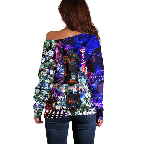 Personalized Adelaide Crow Football Off Shoulder Sweater Tropical Hibiscus Flowers - Pacific Fusion Style
