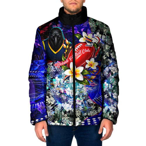 Personalized Adelaide Crow Football Padded Jacket Tropical Hibiscus Flowers - Pacific Fusion Style