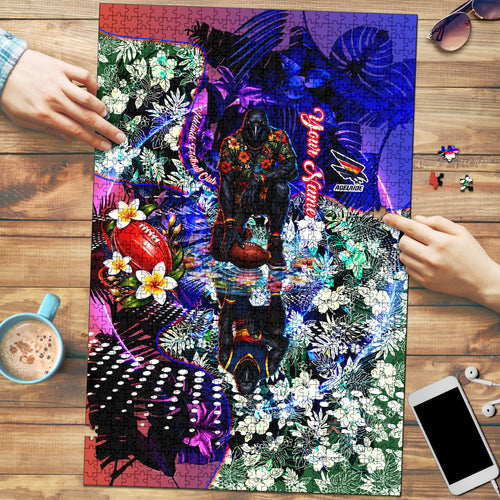 Personalized Adelaide Crow Football Puzzle Tropical Hibiscus Flowers - Pacific Fusion Style