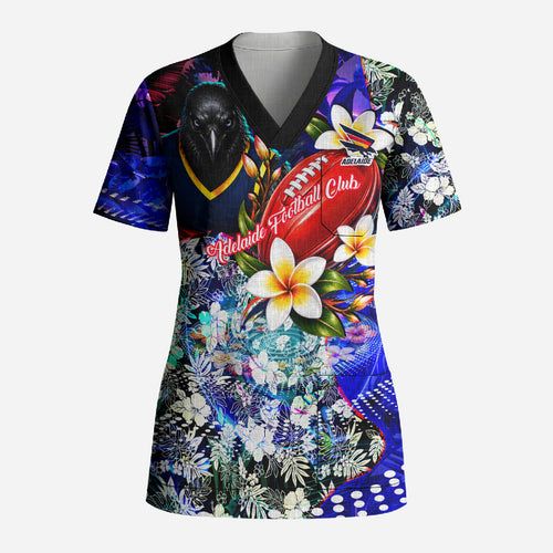 Personalized Adelaide Crow Football Scrub Top Tropical Hibiscus Flowers - Pacific Fusion Style