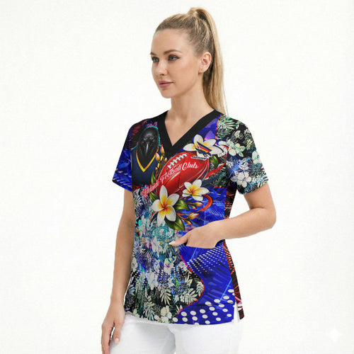 Personalized Adelaide Crow Football Scrub Top Tropical Hibiscus Flowers - Pacific Fusion Style