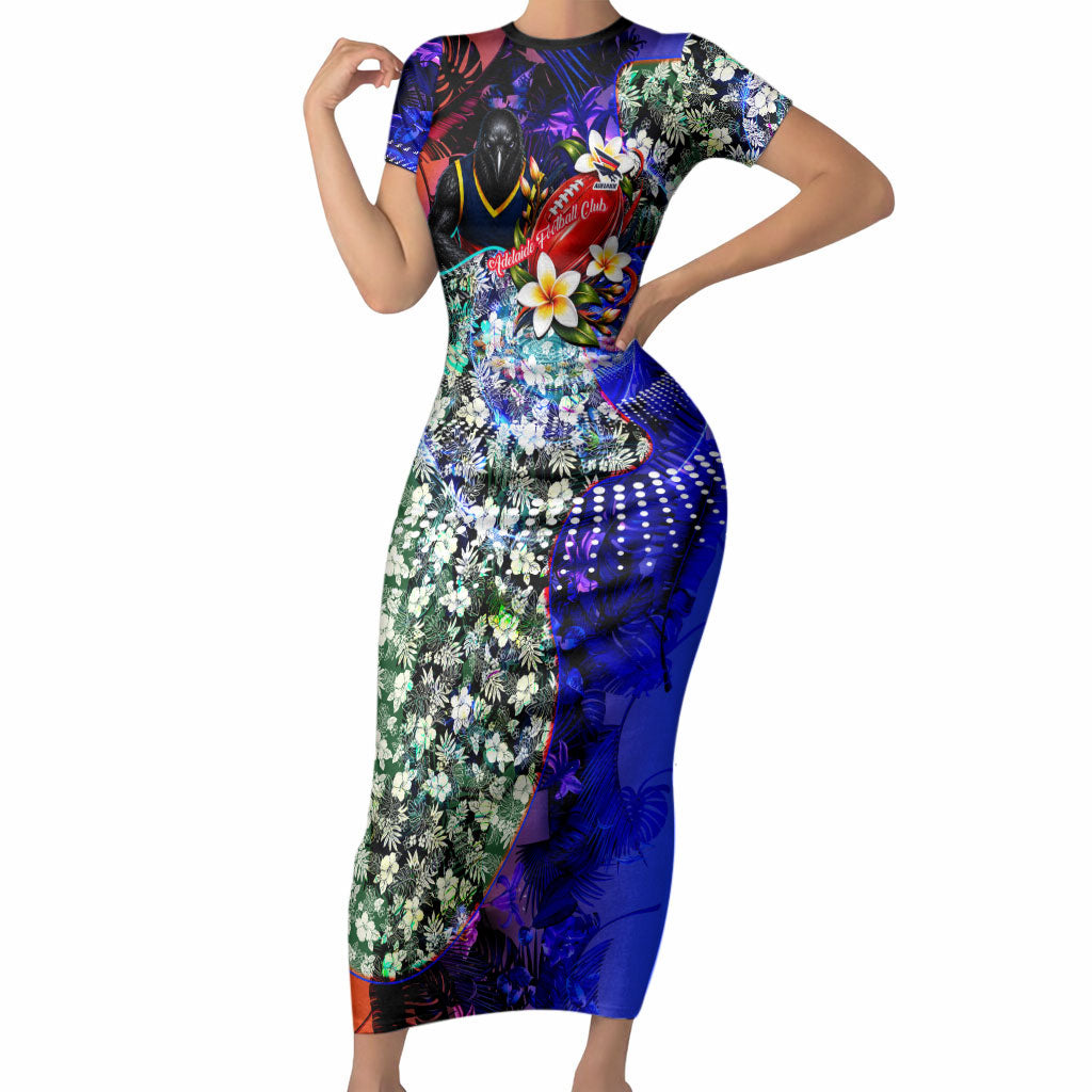 Personalized Adelaide Crow Football Short Sleeve Bodycon Dress Tropical Hibiscus Flowers - Pacific Fusion Style