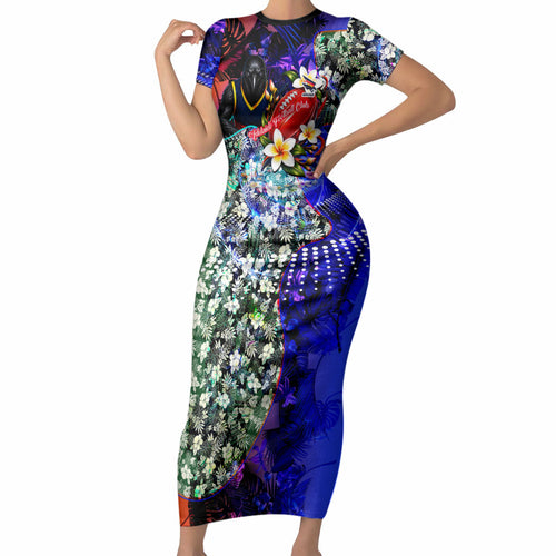 Personalized Adelaide Crow Football Short Sleeve Bodycon Dress Tropical Hibiscus Flowers - Pacific Fusion Style