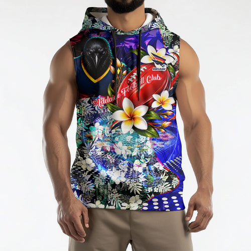 Personalized Adelaide Crow Football Sleeveless Hoodie Tropical Hibiscus Flowers - Pacific Fusion Style