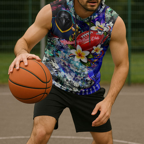 Personalized Adelaide Crow Football Sleeveless Hoodie Tropical Hibiscus Flowers - Pacific Fusion Style