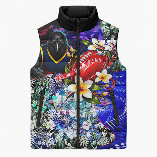 Personalized Adelaide Crow Football Sleeveless Puffer Jacket Tropical Hibiscus Flowers - Pacific Fusion Style