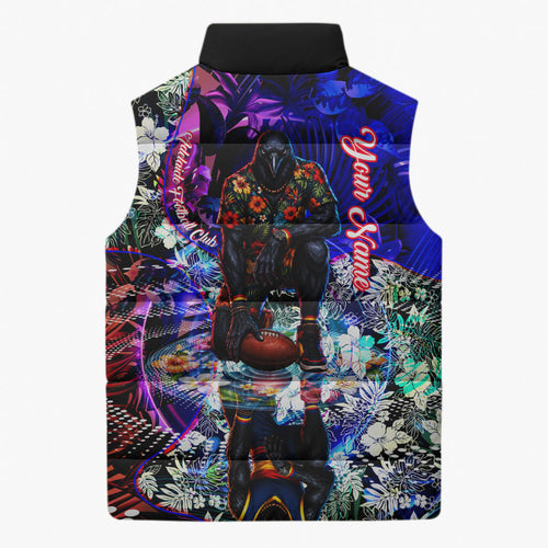 Personalized Adelaide Crow Football Sleeveless Puffer Jacket Tropical Hibiscus Flowers - Pacific Fusion Style