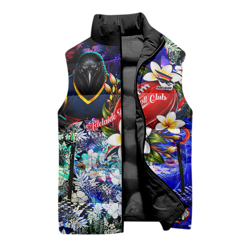 Personalized Adelaide Crow Football Sleeveless Puffer Jacket Tropical Hibiscus Flowers - Pacific Fusion Style