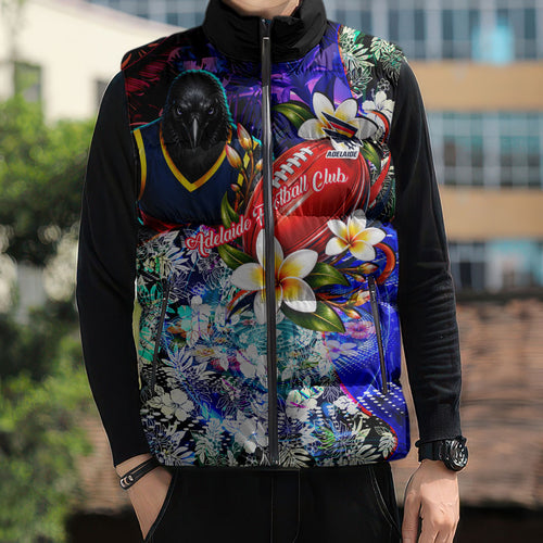 Personalized Adelaide Crow Football Sleeveless Puffer Jacket Tropical Hibiscus Flowers - Pacific Fusion Style