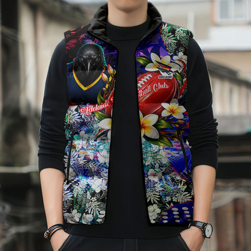 Personalized Adelaide Crow Football Sleeveless Puffer Jacket Tropical Hibiscus Flowers - Pacific Fusion Style