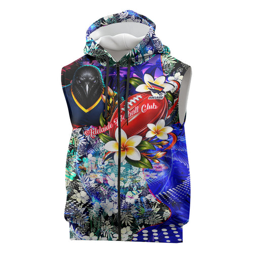 Personalized Adelaide Crow Football Sleeveless Zip Hoodie Tropical Hibiscus Flowers - Pacific Fusion Style