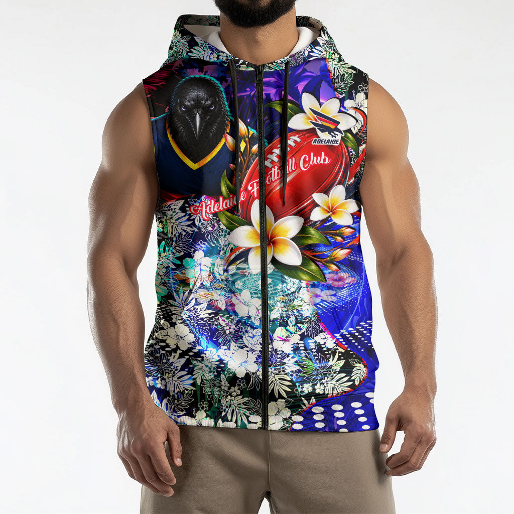 Personalized Adelaide Crow Football Sleeveless Zip Hoodie Tropical Hibiscus Flowers - Pacific Fusion Style