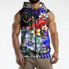 Personalized Adelaide Crow Football Sleeveless Zip Hoodie Tropical Hibiscus Flowers - Pacific Fusion Style