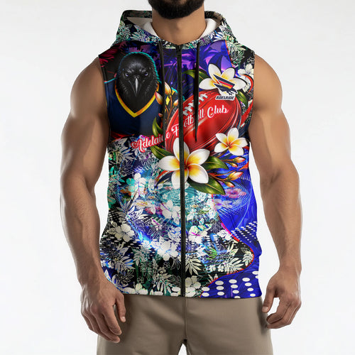 Personalized Adelaide Crow Football Sleeveless Zip Hoodie Tropical Hibiscus Flowers - Pacific Fusion Style