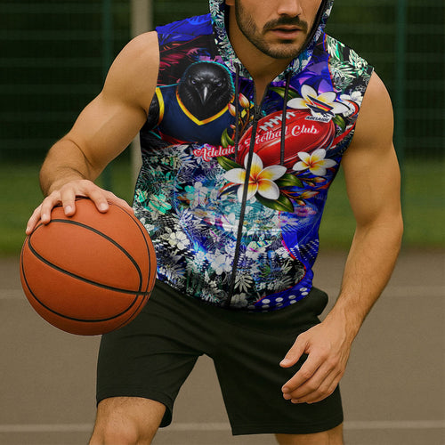 Personalized Adelaide Crow Football Sleeveless Zip Hoodie Tropical Hibiscus Flowers - Pacific Fusion Style