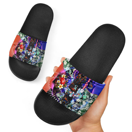 Personalized Adelaide Crow Football Slide Sandals Tropical Hibiscus Flowers - Pacific Fusion Style