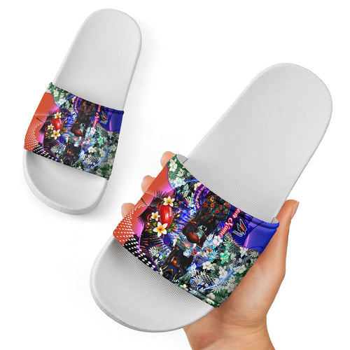 Personalized Adelaide Crow Football Slide Sandals Tropical Hibiscus Flowers - Pacific Fusion Style