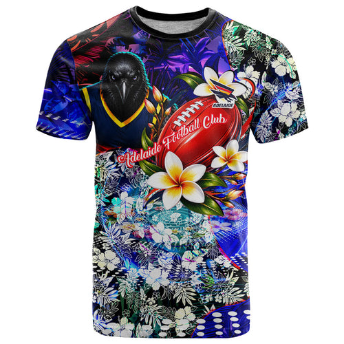 Personalized Adelaide Crow Football T Shirt Tropical Hibiscus Flowers - Pacific Fusion Style