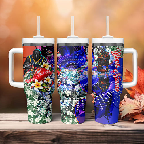 Personalized Adelaide Crow Football Tumbler With Handle Tropical Hibiscus Flowers - Pacific Fusion Style