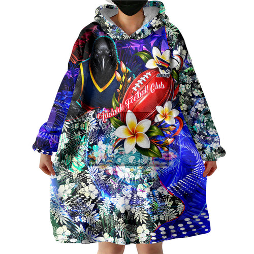 Personalized Adelaide Crow Football Wearable Blanket Hoodie Tropical Hibiscus Flowers - Pacific Fusion Style