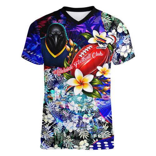 Personalized Adelaide Crow Football Women V-Neck T-Shirt Tropical Hibiscus Flowers - Pacific Fusion Style
