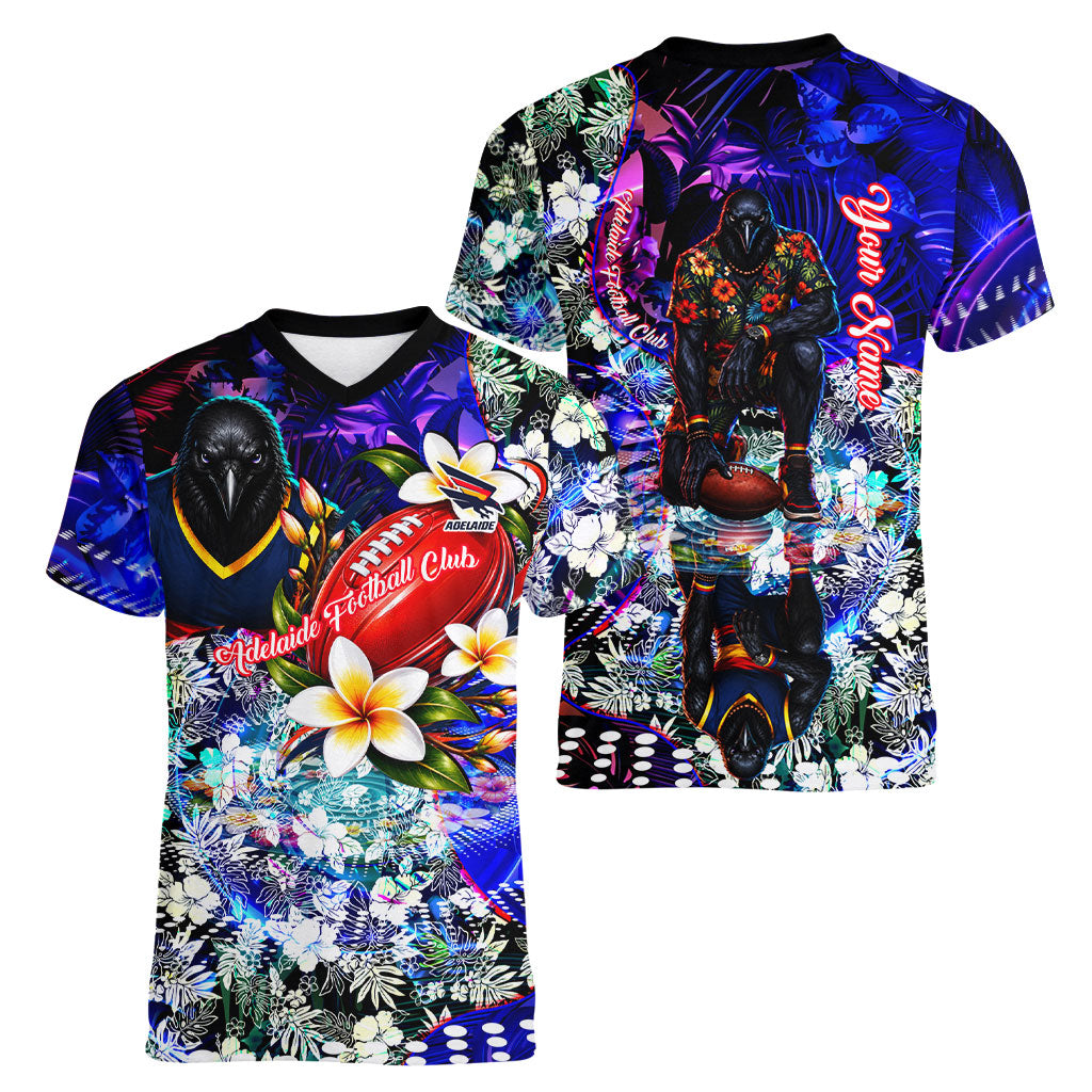 Personalized Adelaide Crow Football Women V-Neck T-Shirt Tropical Hibiscus Flowers - Pacific Fusion Style
