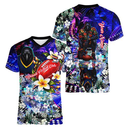 Personalized Adelaide Crow Football Women V-Neck T-Shirt Tropical Hibiscus Flowers - Pacific Fusion Style