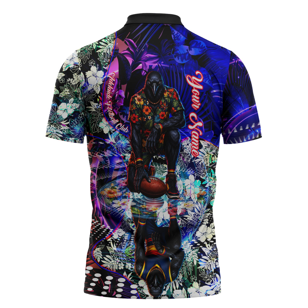 Personalized Adelaide Crow Football Zipper Polo Shirt Tropical Hibiscus Flowers - Pacific Fusion Style