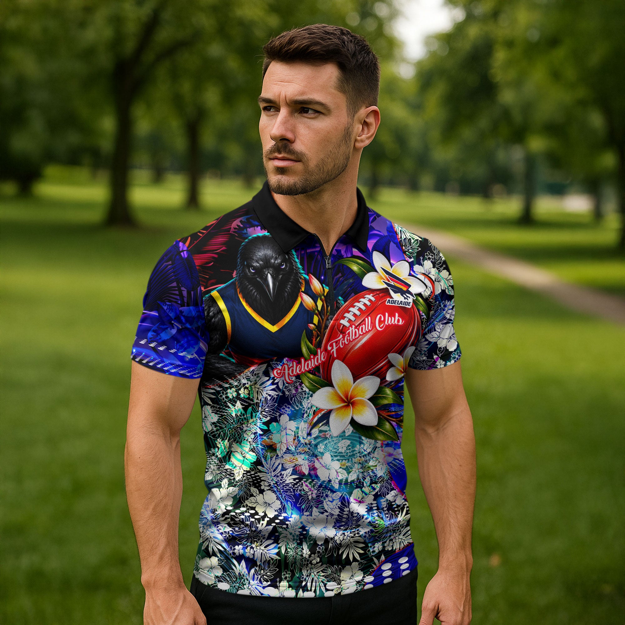 Personalized Adelaide Crow Football Zipper Polo Shirt Tropical Hibiscus Flowers - Pacific Fusion Style