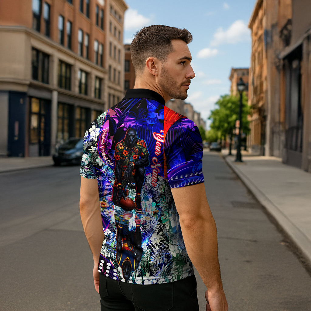 Personalized Adelaide Crow Football Zipper Polo Shirt Tropical Hibiscus Flowers - Pacific Fusion Style