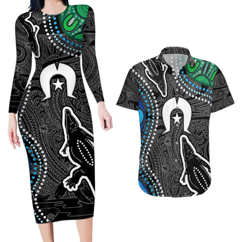 Torest Trait Islands Mix Crocodine Aboriginal Pattern Couples Matching Long Sleeve Bodycon Dress and Hawaiian Shirt