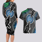 Torest Trait Islands Mix Crocodine Aboriginal Pattern Couples Matching Long Sleeve Bodycon Dress and Hawaiian Shirt