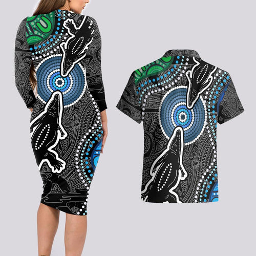 Torest Trait Islands Mix Crocodine Aboriginal Pattern Couples Matching Long Sleeve Bodycon Dress and Hawaiian Shirt