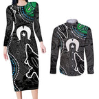 Torest Trait Islands Mix Crocodine Aboriginal Pattern Couples Matching Long Sleeve Bodycon Dress and Long Sleeve Button Shirt