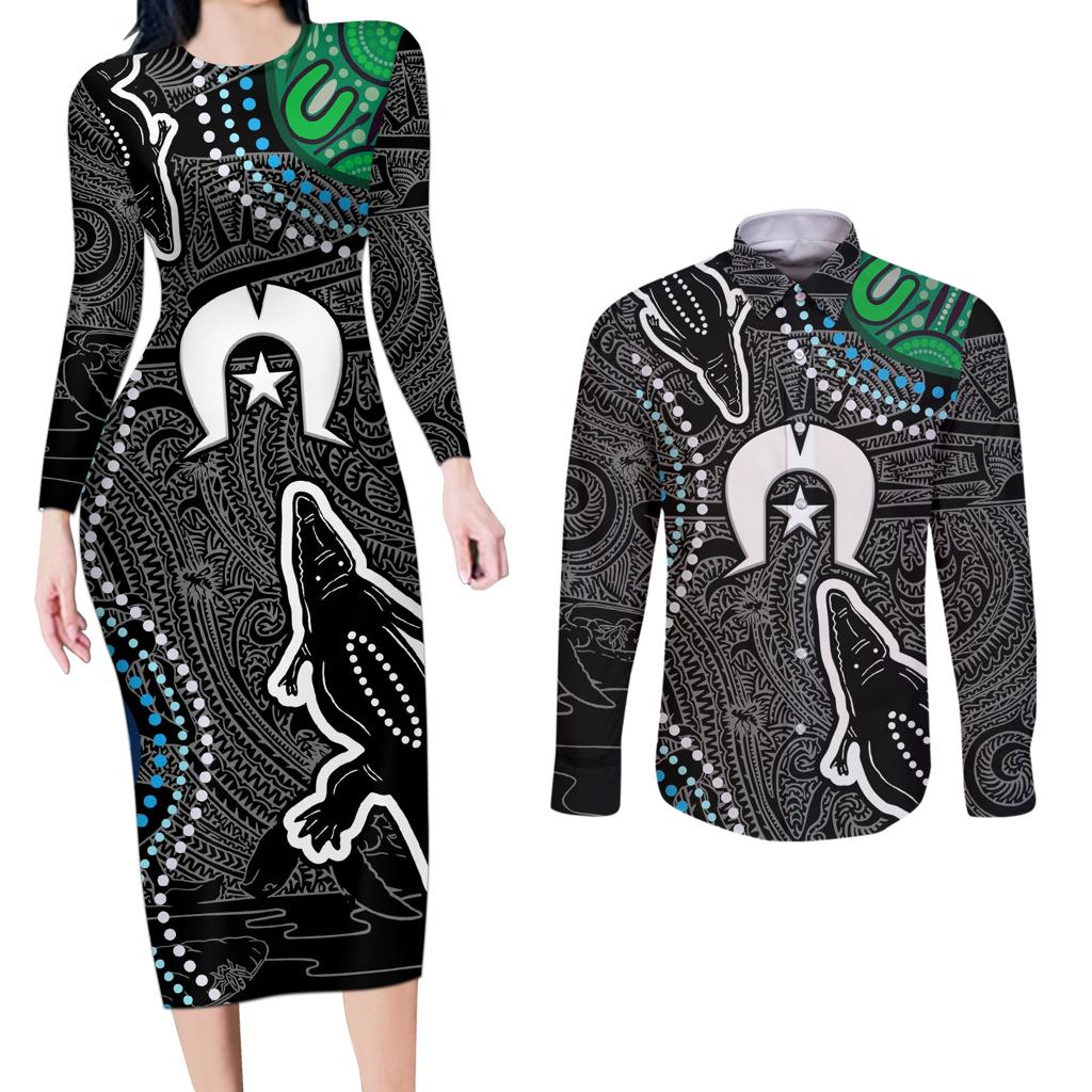 Torest Trait Islands Mix Crocodine Aboriginal Pattern Couples Matching Long Sleeve Bodycon Dress and Long Sleeve Button Shirt