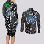 Torest Trait Islands Mix Crocodine Aboriginal Pattern Couples Matching Long Sleeve Bodycon Dress and Long Sleeve Button Shirt