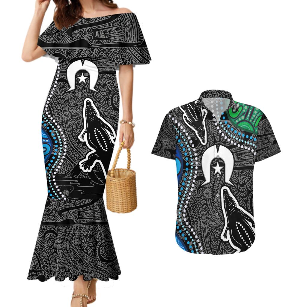 Torest Trait Islands Mix Crocodine Aboriginal Pattern Couples Matching Mermaid Dress and Hawaiian Shirt