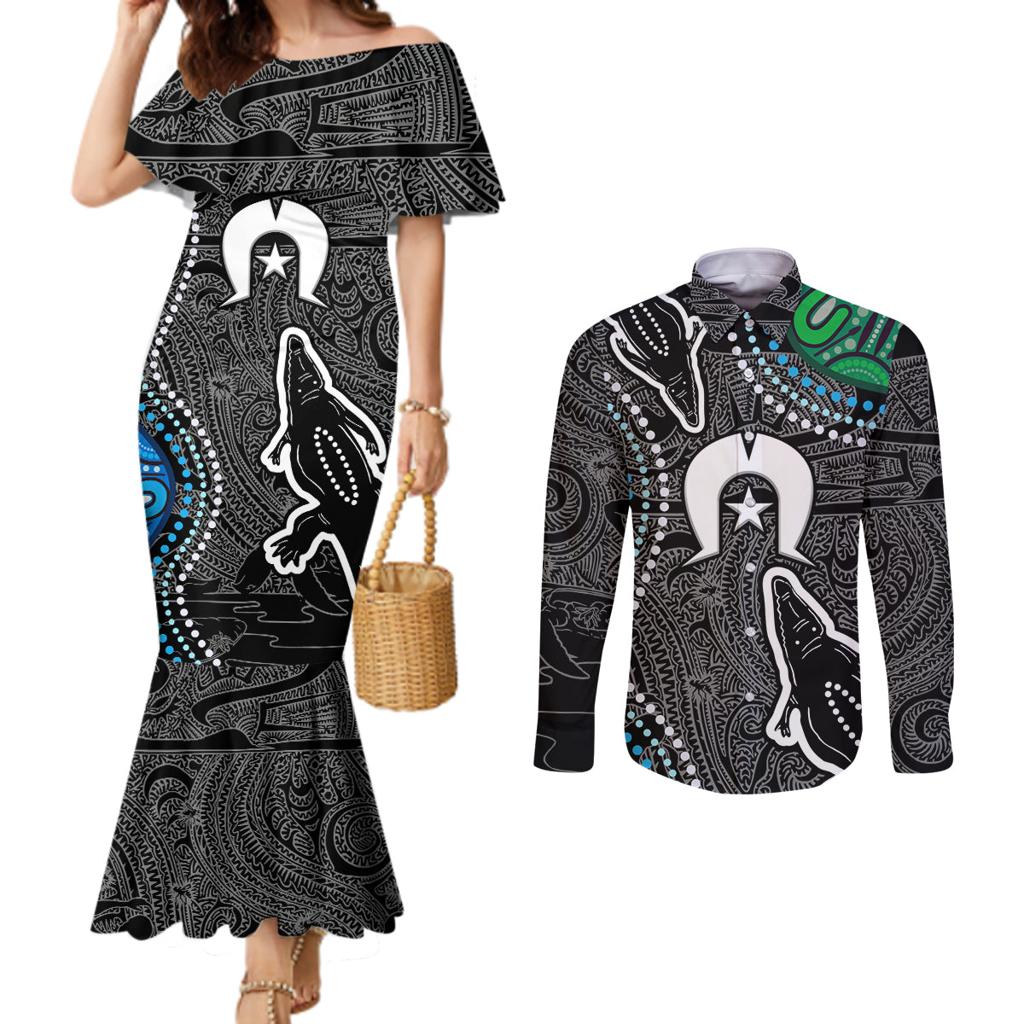 Torest Trait Islands Mix Crocodine Aboriginal Pattern Couples Matching Mermaid Dress and Long Sleeve Button Shirt