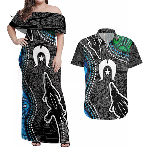 Torest Trait Islands Mix Crocodine Aboriginal Pattern Couples Matching Off Shoulder Maxi Dress and Hawaiian Shirt