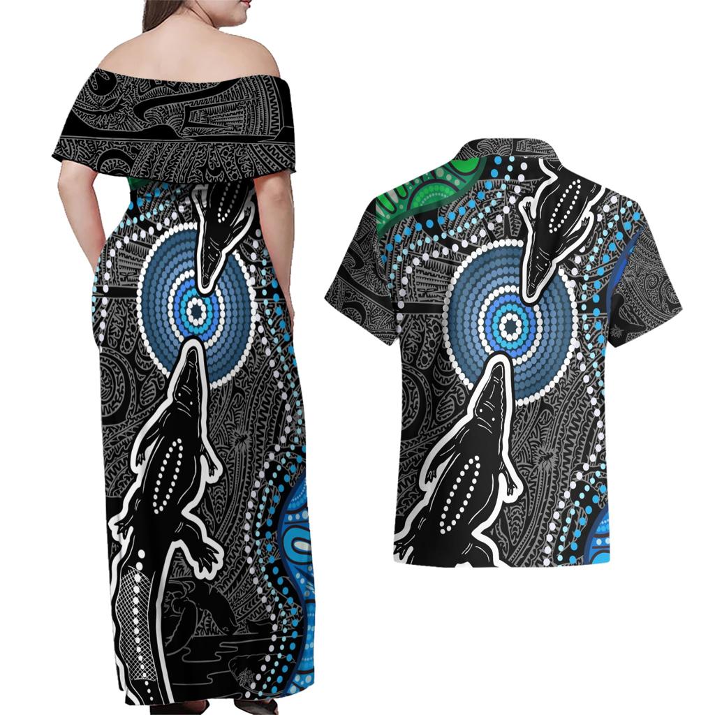 Torest Trait Islands Mix Crocodine Aboriginal Pattern Couples Matching Off Shoulder Maxi Dress and Hawaiian Shirt