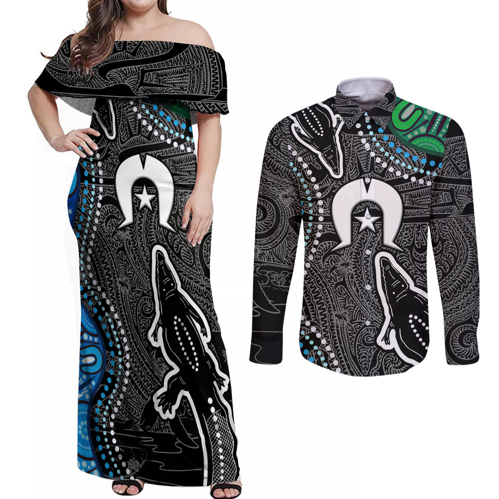 Torest Trait Islands Mix Crocodine Aboriginal Pattern Couples Matching Off Shoulder Maxi Dress and Long Sleeve Button Shirt